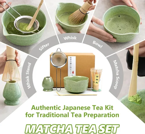 Vista 8 de Juego de batidor de matcha, cuenco de cerámica de 17 onzas con boquilla, cuchara de bambú y tamiz inoxidable, kit de 5 piezas de matcha verde jade