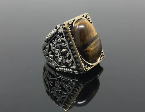 Vista 8 de KAR Anillo grande de plata de ley 925K con sello de ojo de tigre I1P