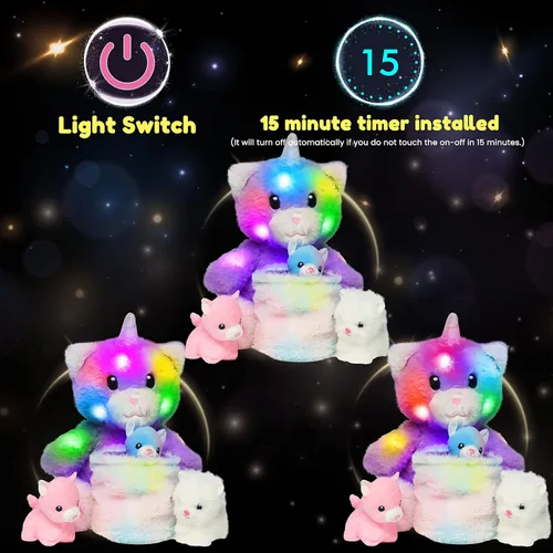 Vista 5 de Hopearl Gato de peluche LED con cubo extraíble que ilumina a mamá gata, con 3 gatitos en la canasta, juego de animales de peluche con luces