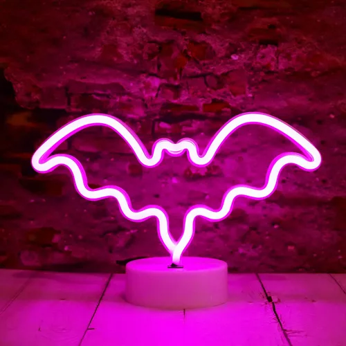 Vista 7 de Luces LED de murciélago de neón moradas, letreros de neón en forma de murciélago, luces nocturnas a pilas, lámpara de mesa de escritorio