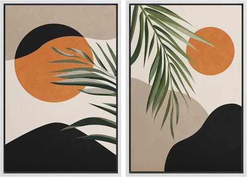 Vista 38 de IDEA4WALL Lienzo Enmarcado Impreso Arte de Pared Set Paisaje de Hojas de Palma de Selva de Mediados de Siglo Naturaleza Silvestre Ilustraciones Arte