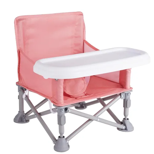 Vista 11 de Silla de bebé portátil, asiento elevador plegable con bandeja para mesa de comedor, silla de camping compacta para césped, playa, viajes, bebés de 6