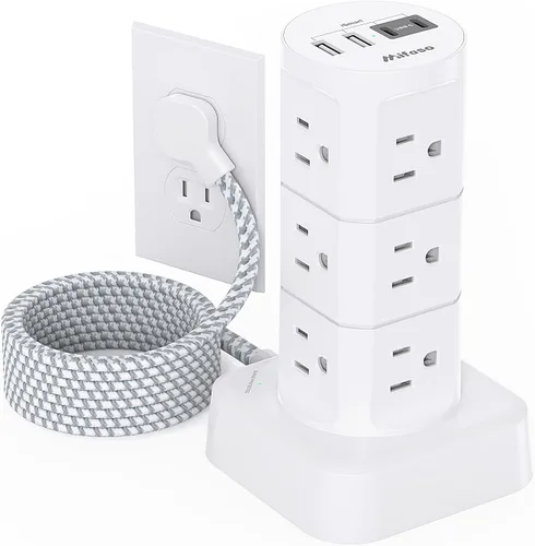 Vista 9 de Torre de estación de carga, regletas de alimentación con protección contra sobretensiones, enchufe plano, 12 tomas, 4 puertos USB, cable