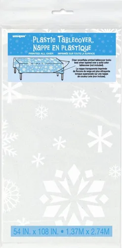 Vista 2 de Unique Mantel de plástico con forma de copo de nieve 108 x 54 pulgadas Transparente 1 pieza para fiesta