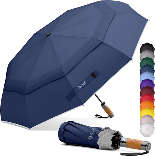 Vista 18 de Royal Walk Paraguas plegable resistente al viento, viaje compacto y fuerte, lujoso, mango de madera real, apertura y cierre automático, doble toldo