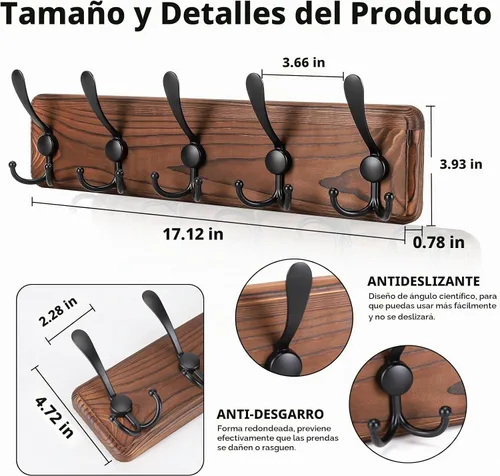 Vista 2 de Gohiuo Perchero Rústico para Montaje en Pared, Ganchos de Pared de Madera con 5 Ganchos Triples, Perchero de Madera Resistente para Colgar