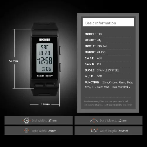 Vista 2 de Reloj digital deportivo rectangular negro para hombre, impermeable, pantalla LED, gran cara, militar, luminoso, cronómetro, alarma, militar, reloj