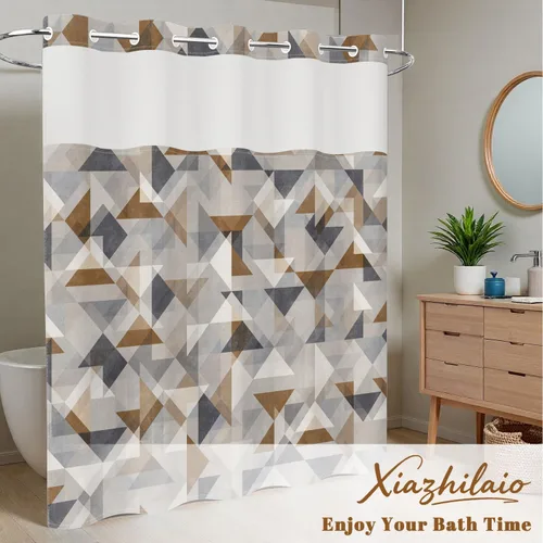 Vista 7 de No Hook Geometric Shower Curtain with Snap in Liner - 71″W x 74″L Waterproof Fabric with Mesh Top Window, Modern Abstract Triangle Design Bath