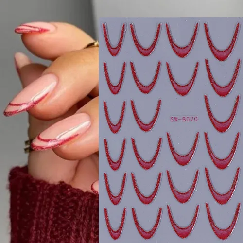 Vista 2 de Calcomanías de uñas de línea francesa, calcomanías de uñas de punta francesa con purpurina colorida 3D, autoadhesivas en 3D, puntas de uñas de línea