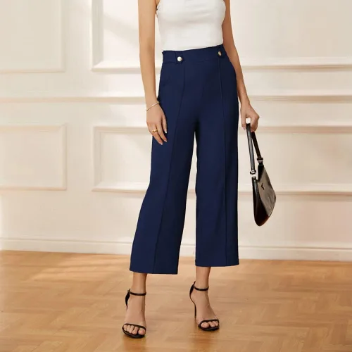 Vista 2 de GRACE KARIN Pantalones de trabajo recortados de pierna recta para mujer, cintura alta elástica, pierna ancha, pantalones casuales de negocios