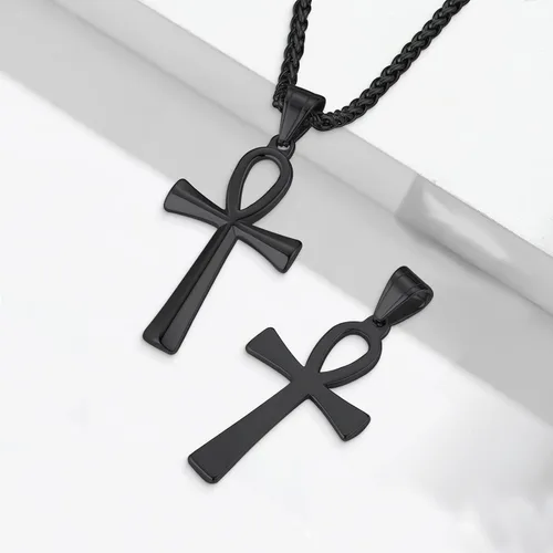 Vista 4 de Collar con colgante de cruz de Ankh copta egipcia antigua de acero inoxidable para niños, mujeres y hombres, en cadena Rolo de 24 pulgadas