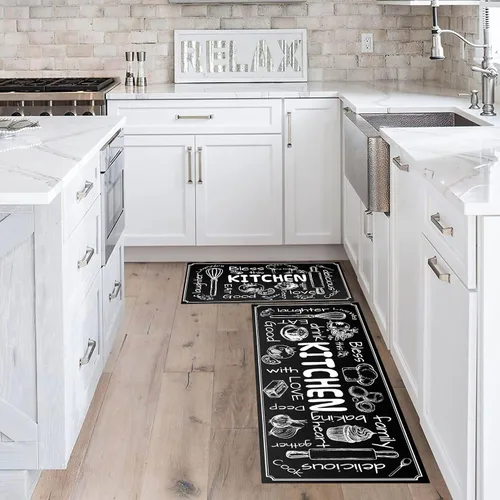 Vista 4 de Juego de 2 tapetes de cocina antideslizantes y gruesos para el suelo, tapetes cómodos para cocina, fregadero, negro, 17 x 47 pulgadas + 17 x 28