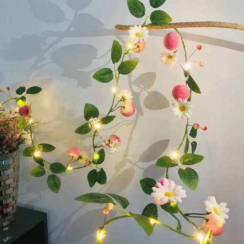 Vista 10 de Guirnalda de plantas de vid de limón amarillo, frutas artificiales, margaritas blancas, bayas con luz de hadas, funciona con pilas para el hogar