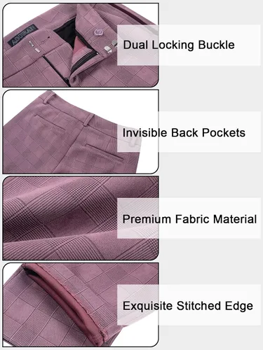 Vista 5 de Pantalones de vestir color rosa polvoriento, con patrón a cuadros y líneas laterales, leggings de entrenamiento con bolsillos para oficina casual