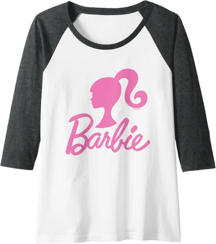 Vista 9 de Barbie - Camiseta de béisbol raglán raglán con logotipo rosa de Barbie, Negro - Negro/Blanco