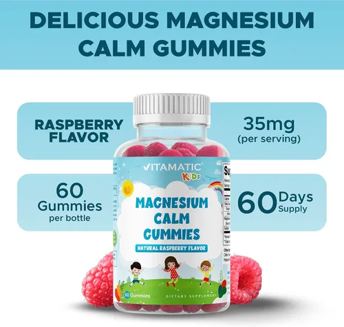 Vista 5 de Vitamatic Gomitas calmantes de magnesio para niños, 60 unidades, veganas, gran sabor, promueven el apoyo saludable, muscular, óseo y energético