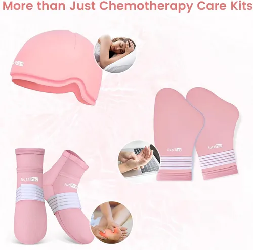 Vista 3 de SuzziPad Paquete de cuidado de quimioterapia para mujeres y hombres, guantes de enfriamiento, calcetines y gorras frías para quimioterapia, ideal