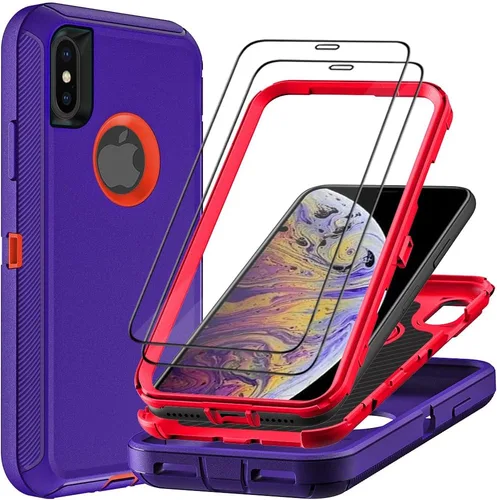 Vista 7 de Funda para iPhone X/iPhone Xs con 2 protectores de pantalla de vidrio templado, grado militar 3 en 1, resistente a prueba de golpes, a prueba