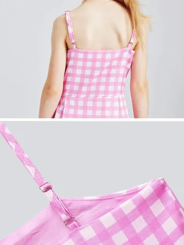 Vista 7 de MEDSAMAAN Vestido a cuadros rosa para niñas, disfraces de cosplay con accesorios de 4 a 10 años