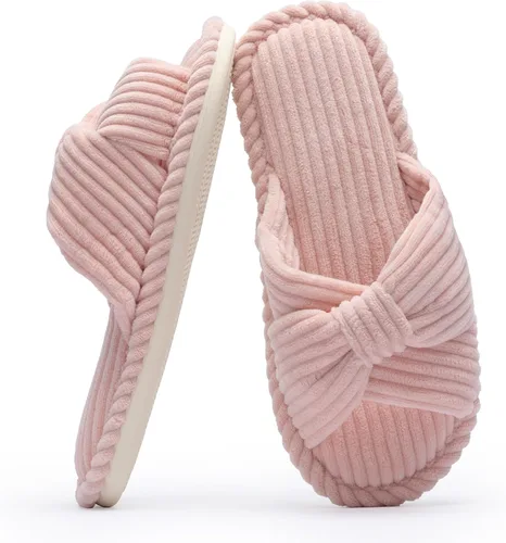 Vista 15 de Chantomoo Pantuflas para mujer, de espuma viscoelástica, para el hogar, dormitorio, baño, spa, puntera abierta, con lazo de pana, acogedoras