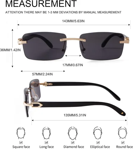 Vista 4 de ADE WU Gafas de sol cuadradas de moda sin montura para hombres y mujeres estilo vintage retro de los años 90 lentes de metal dorado con tintado