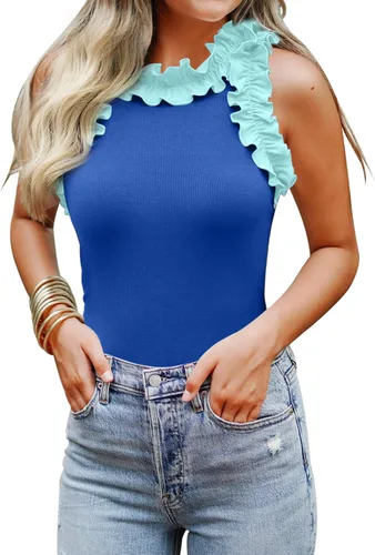 Vista 16 de WAYMAKER - Camiseta sin mangas para mujer, body de estilo sexy con espalda cruzada, cuello de tortuga simulado y ribeteado