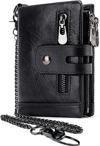 Vista 14 de boshiho Carteras de cuero auténtico con bloqueo RFID para hombre, billetera de doble pliegue con bolsillo para monedas con cremallera, con cadena
