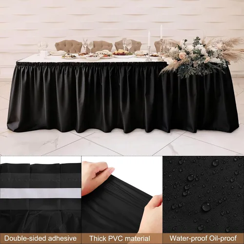 Vista 3 de TURSTIN 2 faldas de mesa de plástico negro de 14 x 29 pies para mesas rectangulares, mantel ajustable, mantel desechable para fiestas de cumpleaños