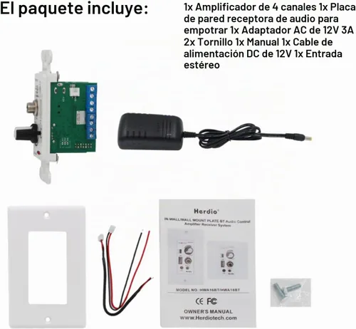 Vista 2 de Herdio Amplificador Bluetooth de pared de 4 canales Control de volumen Placa de pared USB/MIC/AUX (3.5mm) Entradas Conecta 4 altavoces con fuente
