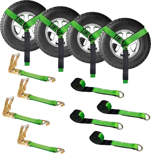 Vista 8 de Mega Cargo Control Juego de 4 correas de lazo de anillo D de elevación de rueda de 2 pulgadas x 10 pies con (4) trinquetes de 2 pulgadas, (4)