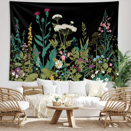 Vista 8 de HOMKUMY Tapiz de pared de flores silvestres, tapiz hippie bohemio con flores psicodélicas indias para colgar en la pared, decoración del hogar