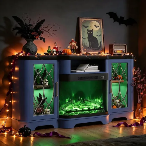 Vista 10 de Soporte de TV estriado de 70 pulgadas con chimenea eléctrica curvada Negro