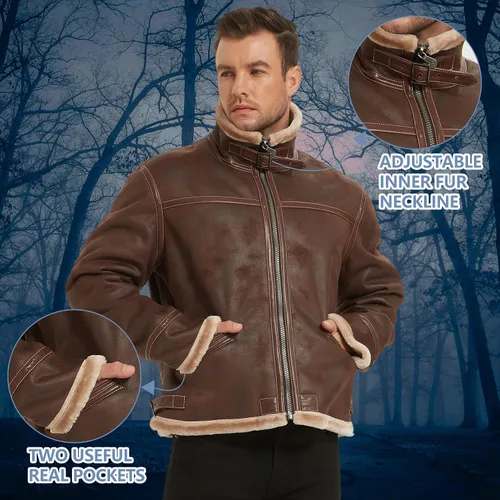 Vista 4 de Chaqueta para hombre, chaqueta de cuero marrón, abrigo de bombardero para motocicleta, disfraz de cosplay, traje de invierno, XS-3XL