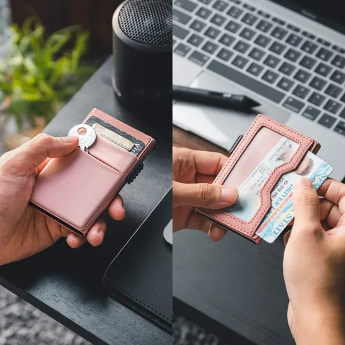 Vista 38 de VULKIT Billetera minimalista con ventana de identificación y bolsillo EDC con bolsillo desplegable para tarjetas de crédito y bloqueo RFID, diseño