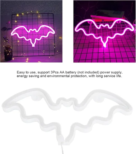 Vista 6 de Letrero de neón de murciélago de Halloween, decoración de Halloween, letrero de neón LED para decoración de pared, funciona con pilas para fiesta