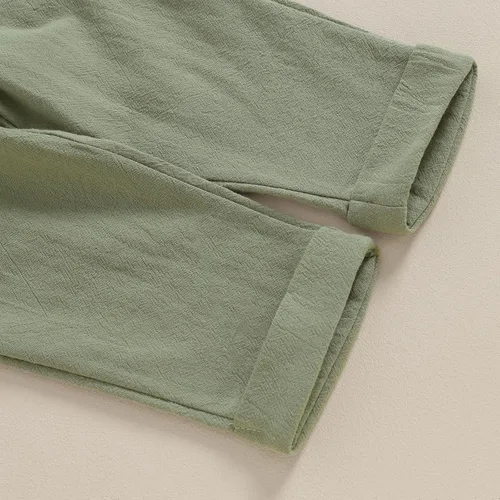 Vista 7 de Karuedoo Prendas de vestir para bebé niño de algodón y lino, camisas Henley con botones de manga larga, pantalones casuales conjunto A-beige Hierba