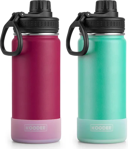 Vista 11 de Koodee Paquete de 2 botellas de agua, de 12 onzas, acero inoxidable, con aislamiento al vacío, con tapa de boquilla a prueba de fugas, color verde