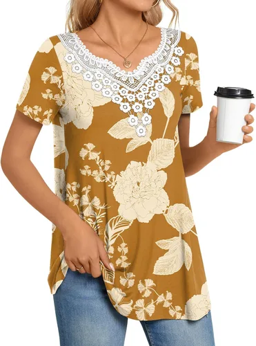 Vista 3 de CATHY Blusa de verano para mujer, manga corta, cuello en V, encaje de ganchillo, informal, plisada