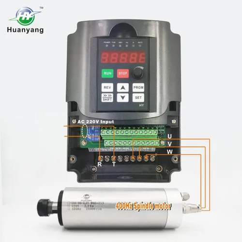 Vista 2 de Paquete de husillo VFD-220V-2.2KW: VFD para entrada de 1 o 3 fases, salida trifásica, 220 V, 2.2 kw (3 hp) + husillo refrigerado por agua de 400 Hz
