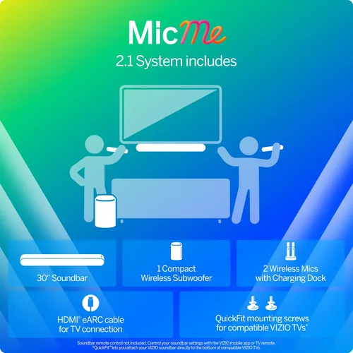 Vista 3 de VIZIO MicMe 2.1 Barra de sonido de karaoke, 2 micrófonos inalámbricos, subwoofer inalámbrico con Dolby Atmos, DTS:X, altavoz Bluetooth, compatible