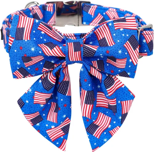 Vista 10 de Maca Bates - Collar de perro con bandera estadounidense del 4 de julio con pajarita para perros, corbatín de 4 de 7 banderas, azul, ajustable