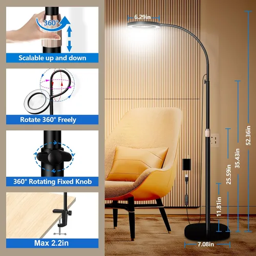 Vista 4 de HITTI Lupa de suelo de 10 veces con luz, lámpara de pie flexible de cuello de cisne, 3 modos de color, soporte de lupa con luz LED regulable