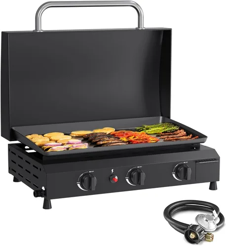 Vista 8 de SKOK Parrilla de gas de 3 quemadores con campana, parrilla de propano para exteriores de 25.6 pulgadas, parrilla de gas portátil con parte superior