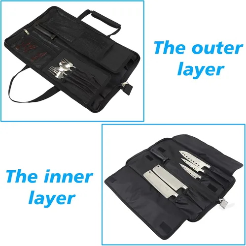 Vista 5 de Bolsa de rollo para cuchillos de chef, bolsa de cuchillo de chef Oxford resistente, estuche portátil para cuchillos de chef de 13 ranuras