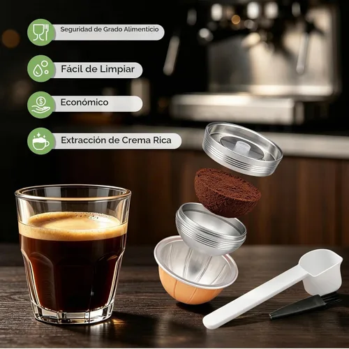 Vista 4 de Cápsulas Vertuo Reutilizables de Acero Inoxidable Compatibles con VERTUO NEXT+RECARGA+Alumin-VERTUO-Pods-80+150+230ml Cada 2 Piezas +Tamizador