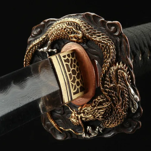 Vista 5 de Rare Boutique - Espada samurái japonesa hecha a mano de dragón dorado Tsuba, Katana real, arcilla templada, hoja afilada de acero plegado