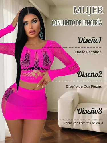 Vista 2 de Buitifo Lencería sexy para mujer, babydoll de red, ropa de noche, top exótico y minifalda Rojo rosa