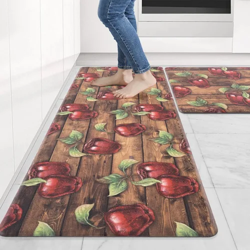 Vista 3 de Carvapet Alfombrillas de cocina 2 piezas, alfombras y tapetes antifatiga de manzanas de granja, antideslizantes, acolchados, para cocina, puerta