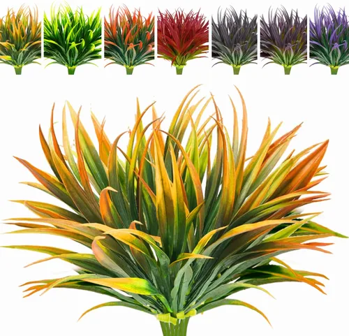 Vista 14 de 8 piezas de plantas falsas para exteriores, resistentes a los rayos UV, plantas de césped alto artificiales, flores tropicales, arbustos, decoración