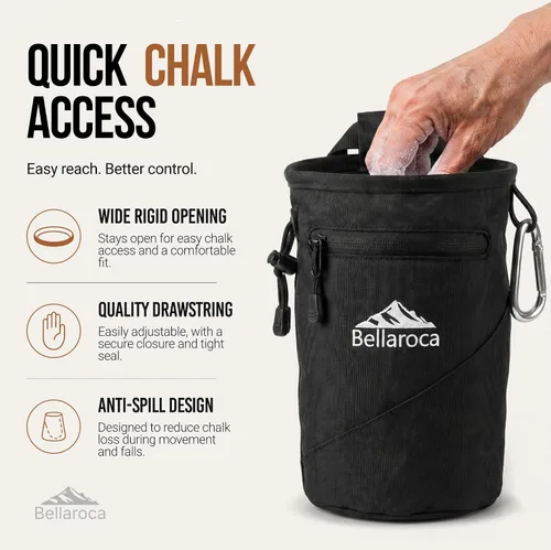 Vista 5 de BELLAROCA® Chalk Bag and Bouldering Brush for Rock Climbing – Waterproof Climbing Set with Ergonomic Design, Adjustable Belt and Carabiner